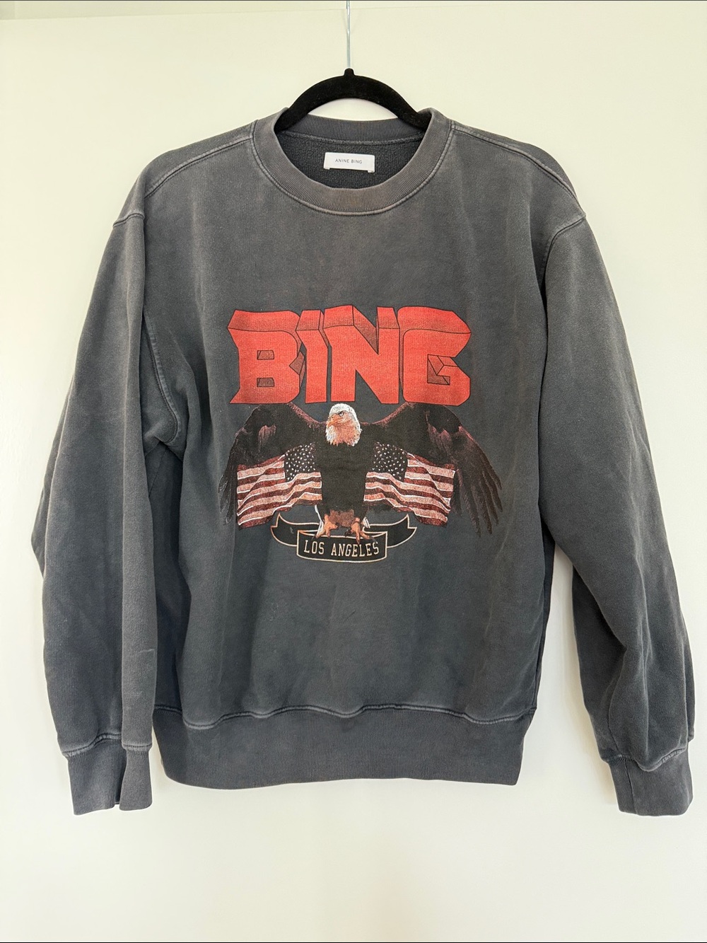 Anine Bing Charcoal Crewneck with Red Graphic Eagle